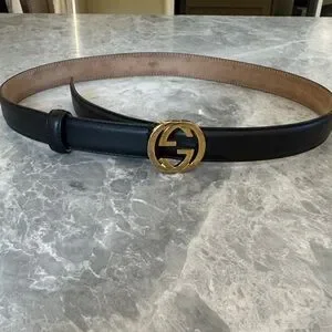 Gucci Black and Tan Belt with Gold Logo Buckle